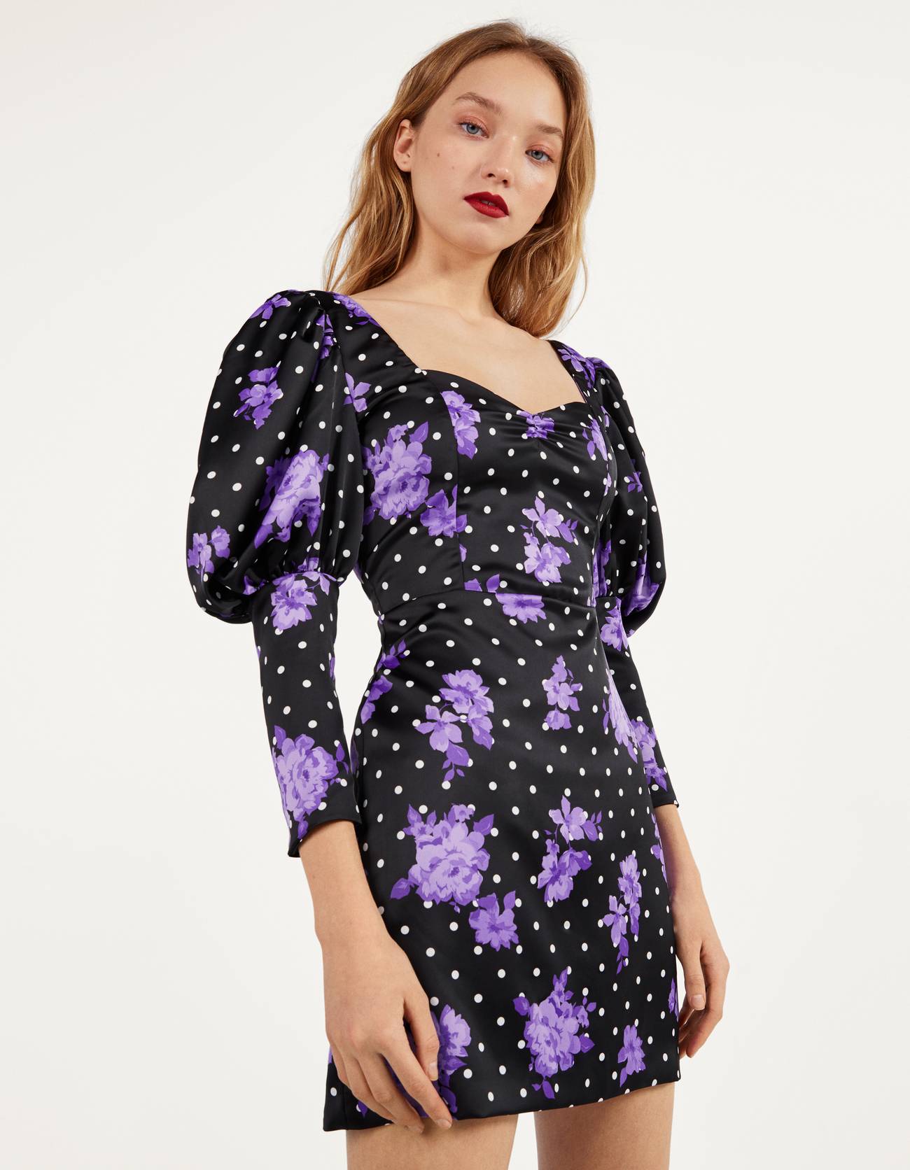 BestPriceOk - Bershka Vestido de flores con lunares Mujer L Negro