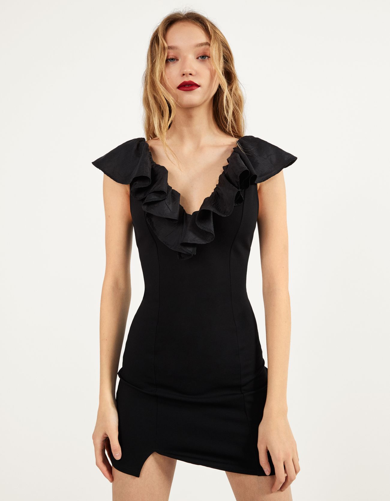 BestPriceOk - Bershka Vestido corto con volantes Mujer L Negro