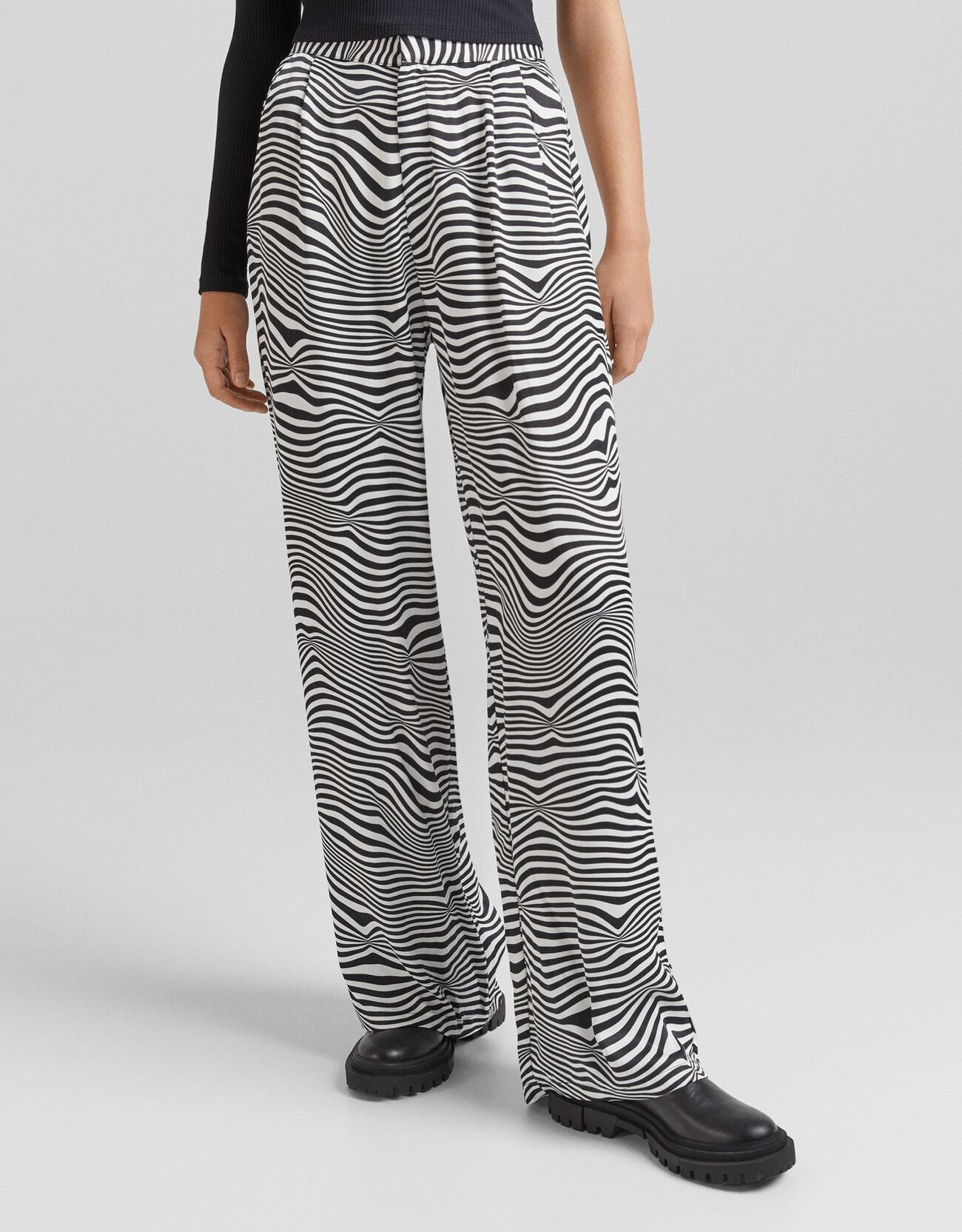 Pantaloni Satinati Zebrati Wide Leg Donna L Bianco/Nero