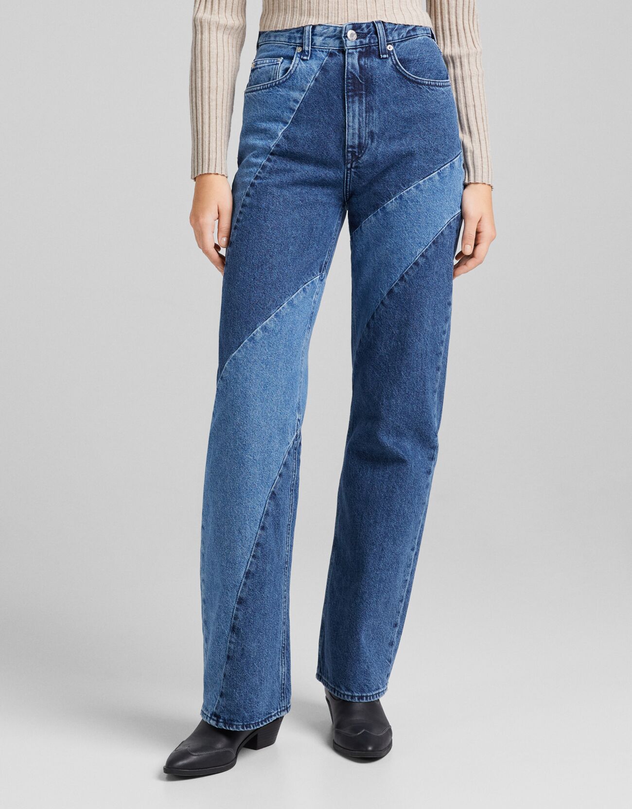 Bershka Jeans Denim 90S Wide Leg Contraste Mulher 42 Azul