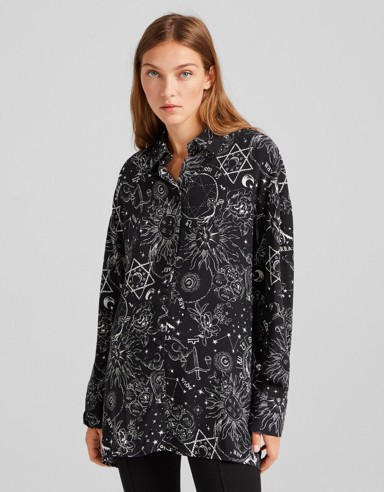 Camicia Oversize Maniche Lunghe Stampa Oroscopo Donna L Nero