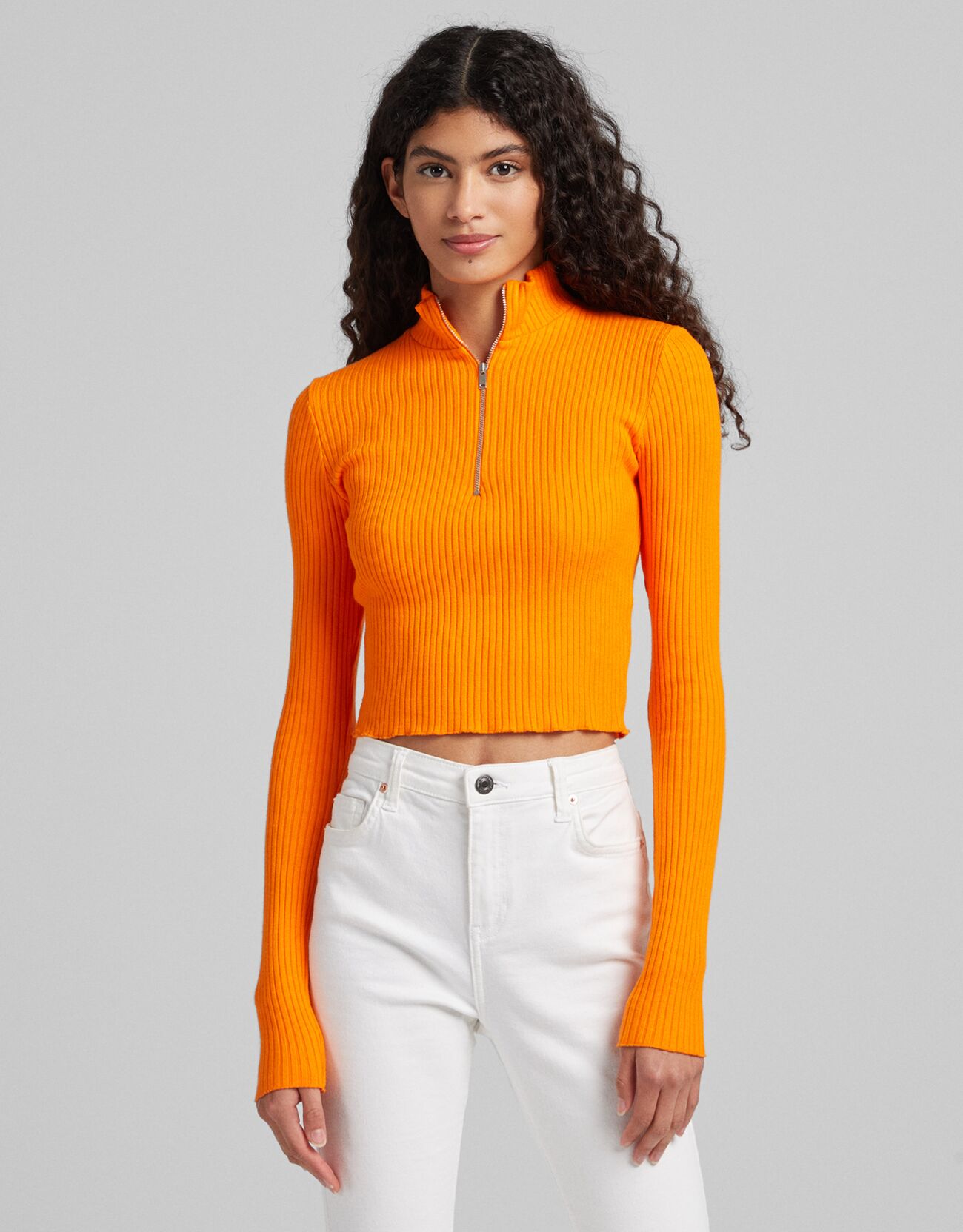 Bershka T-Shirt Manches Longues Zippé Femme Xs Orange