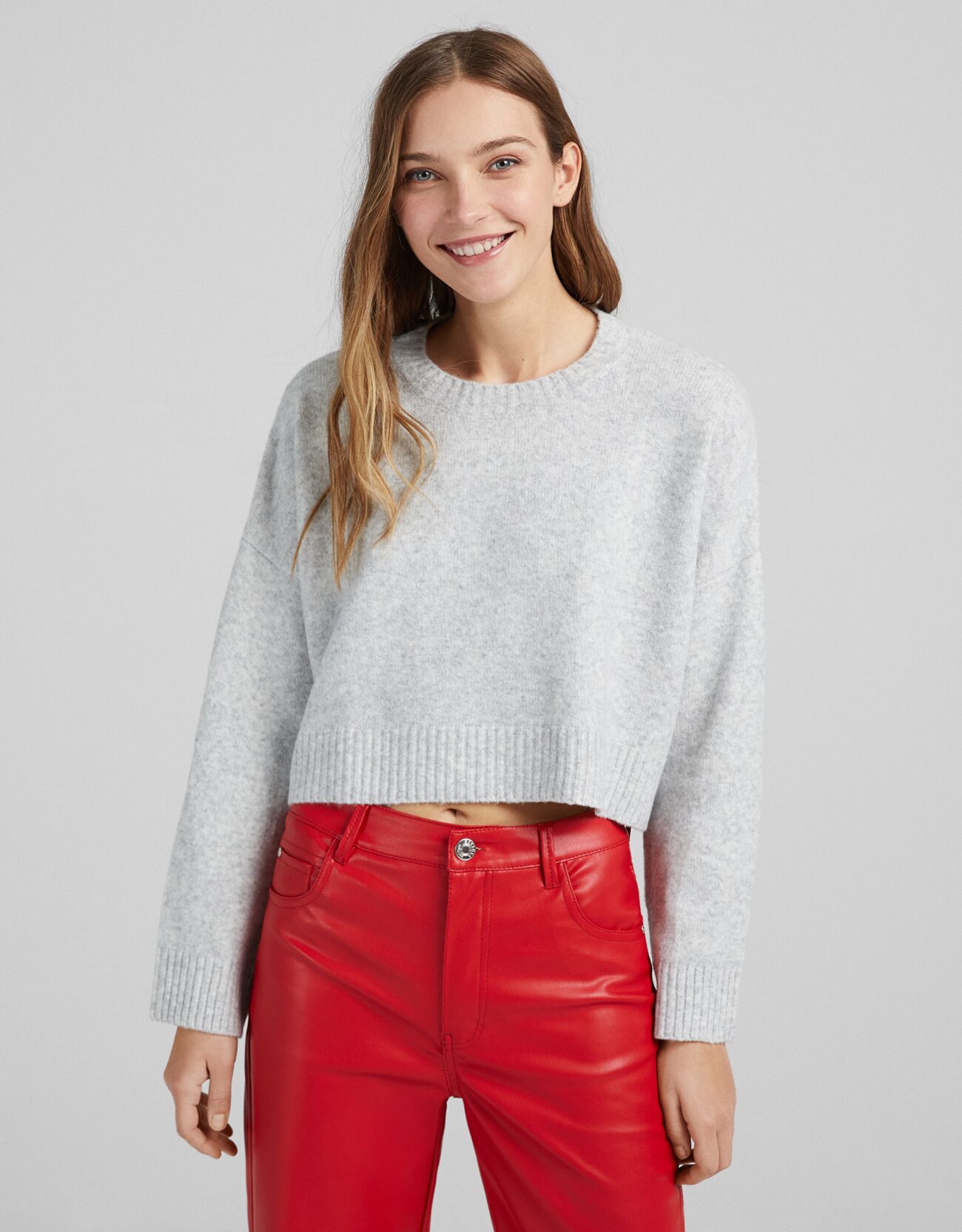 Bershka Pull Cropped Col Rond Femme M Gris