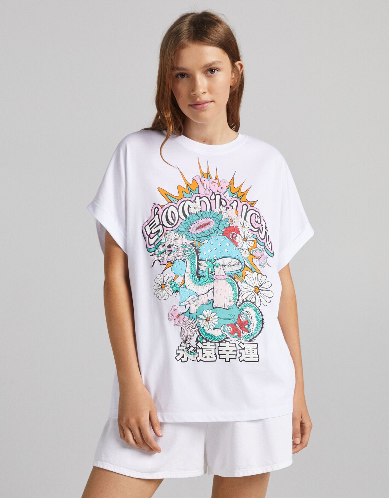 Bershka Camiseta Manga Corta Oversize Print Dragón Mujer Xs Blanco