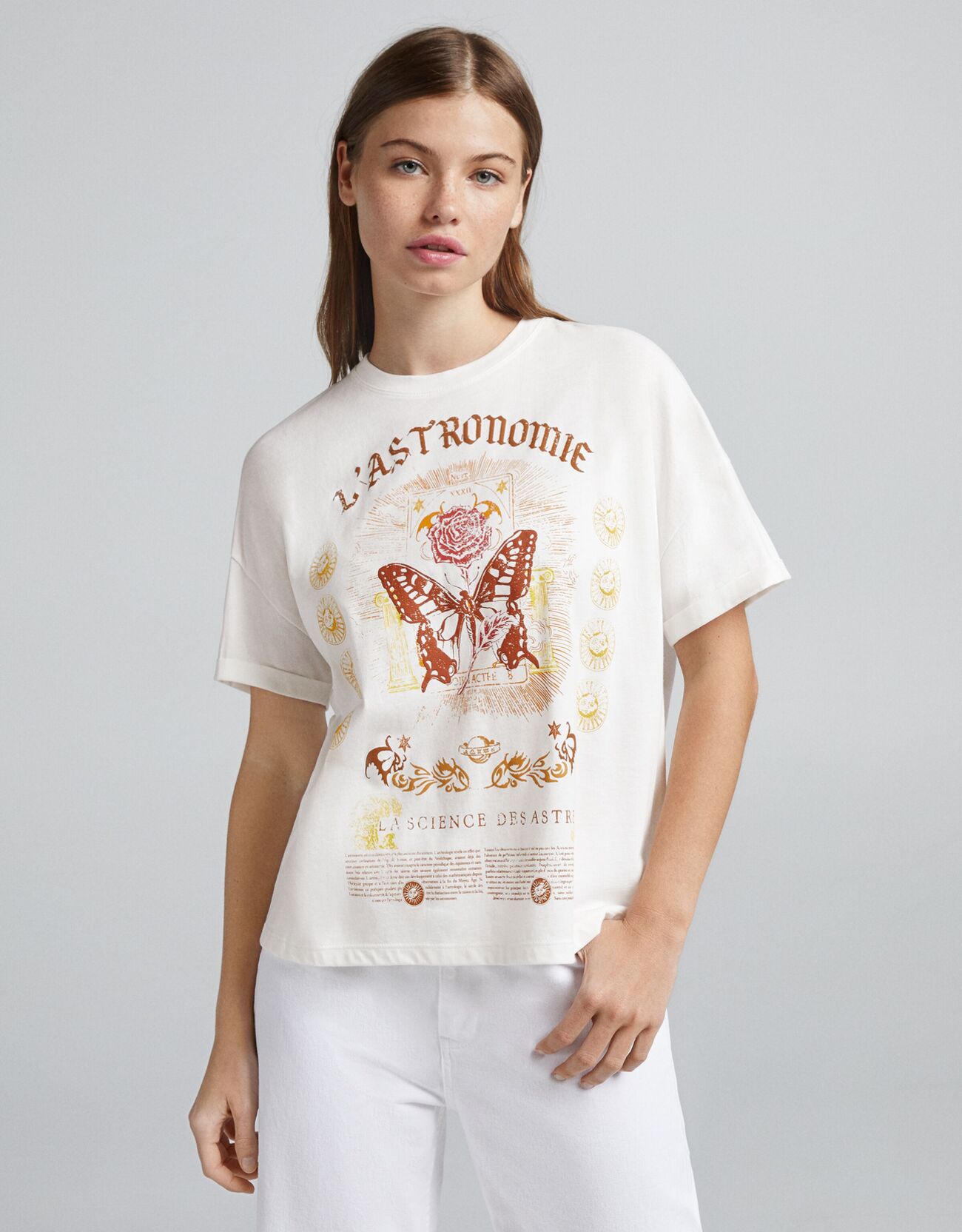Bershka T-Shirt Manches Courtes Oversize Imprimé Femme S Blanc