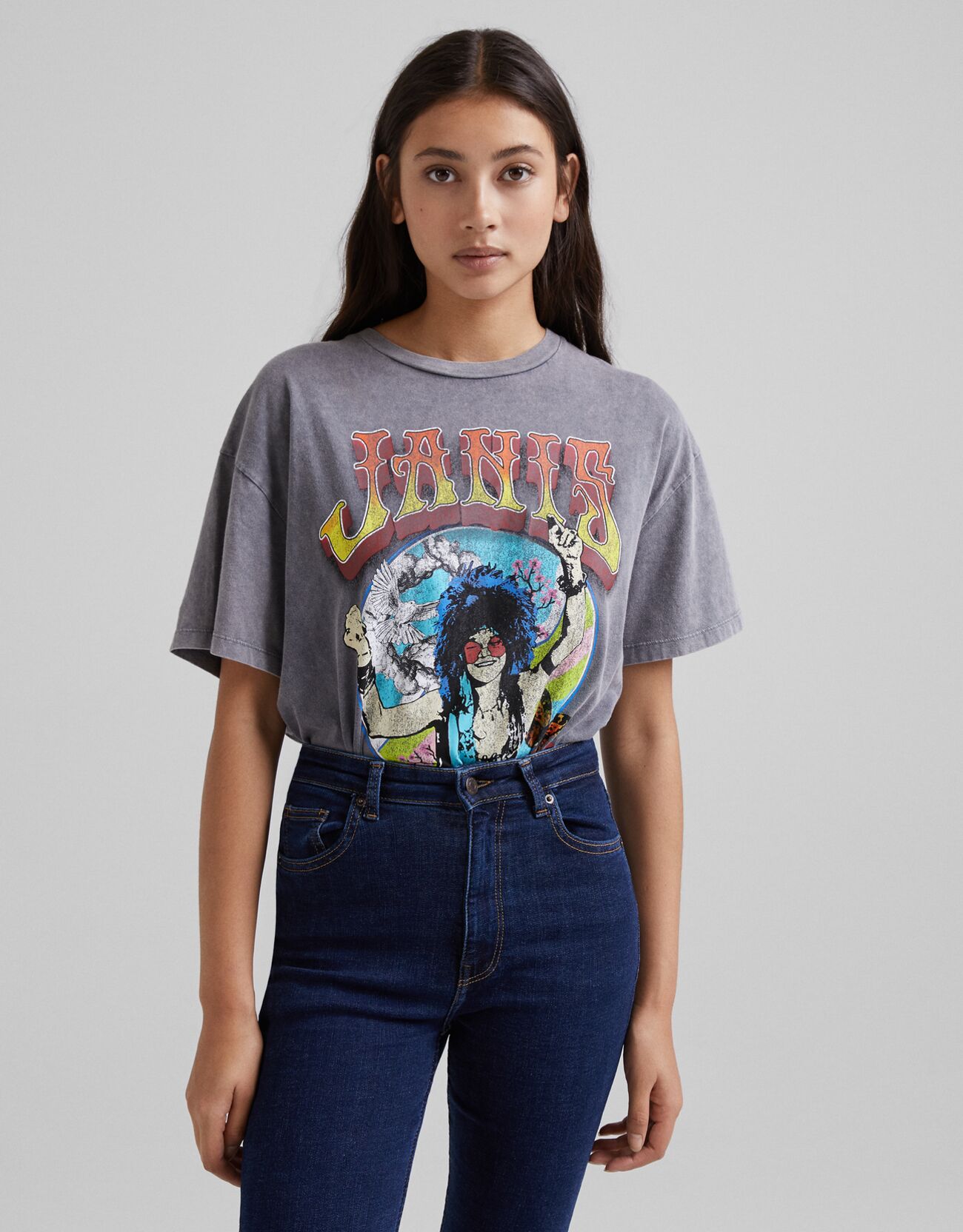 Bershka T-Shirt Manches Courtes Imprimé Janis Joplin Femme L Noir