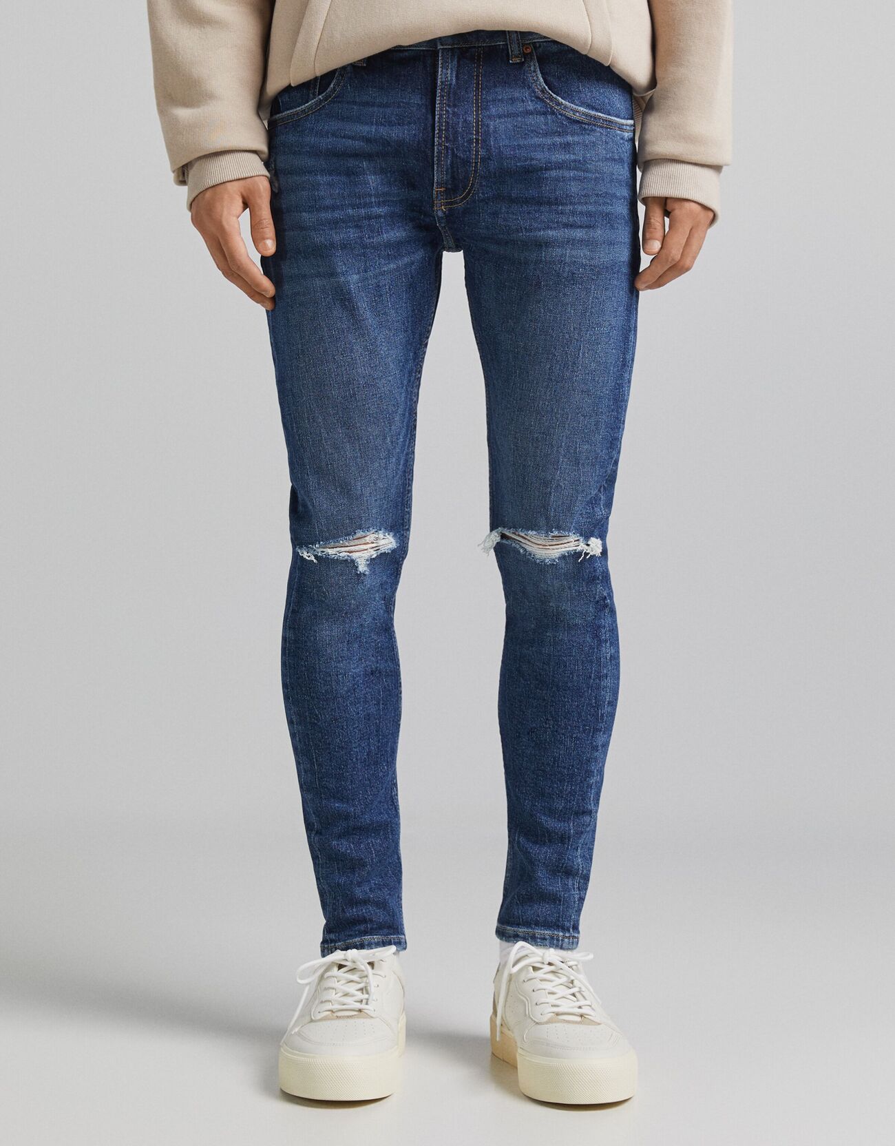 Bershka Jeans Super Skinny Fit Com Rasgões Homem 44 Azul