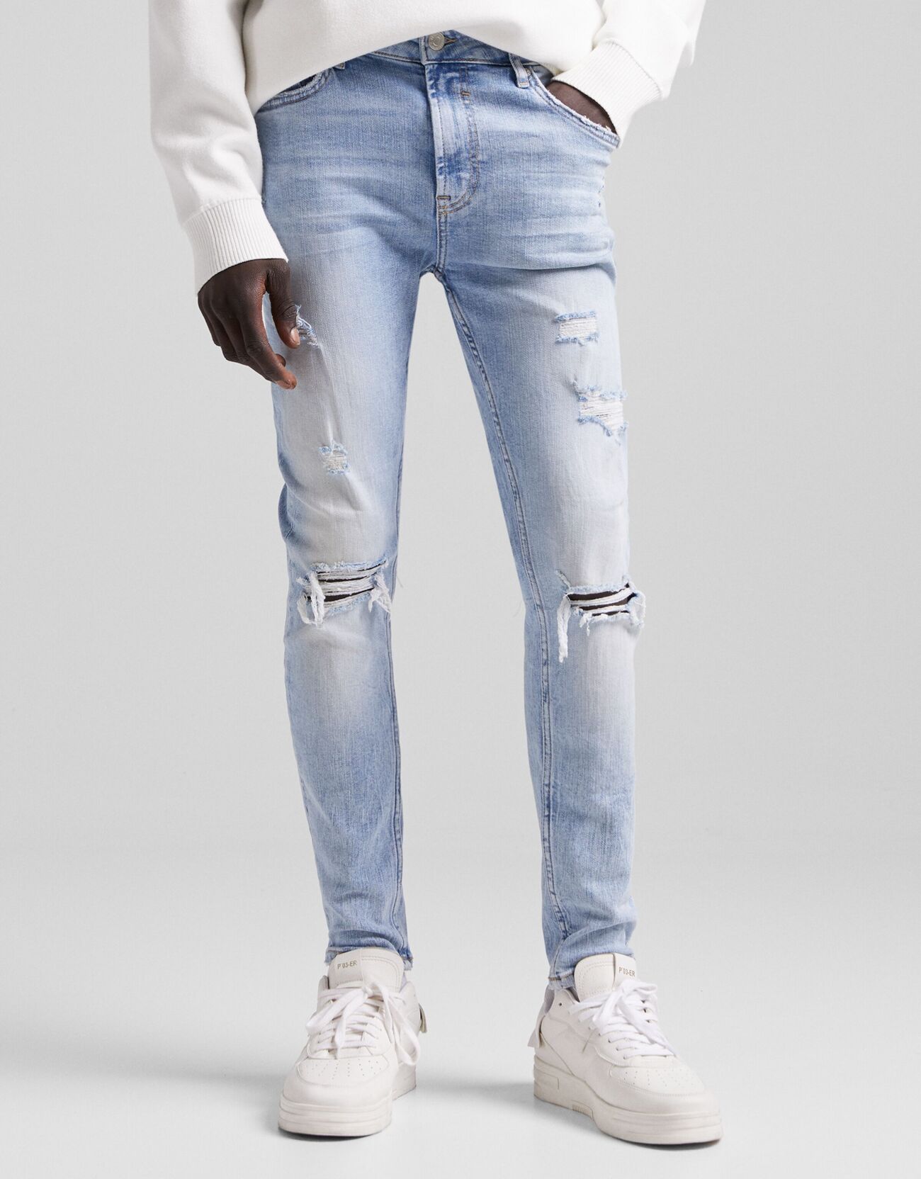 Bershka Jeans Super Skinny Fit Com Rasgões Homem 46 Azul Lavado