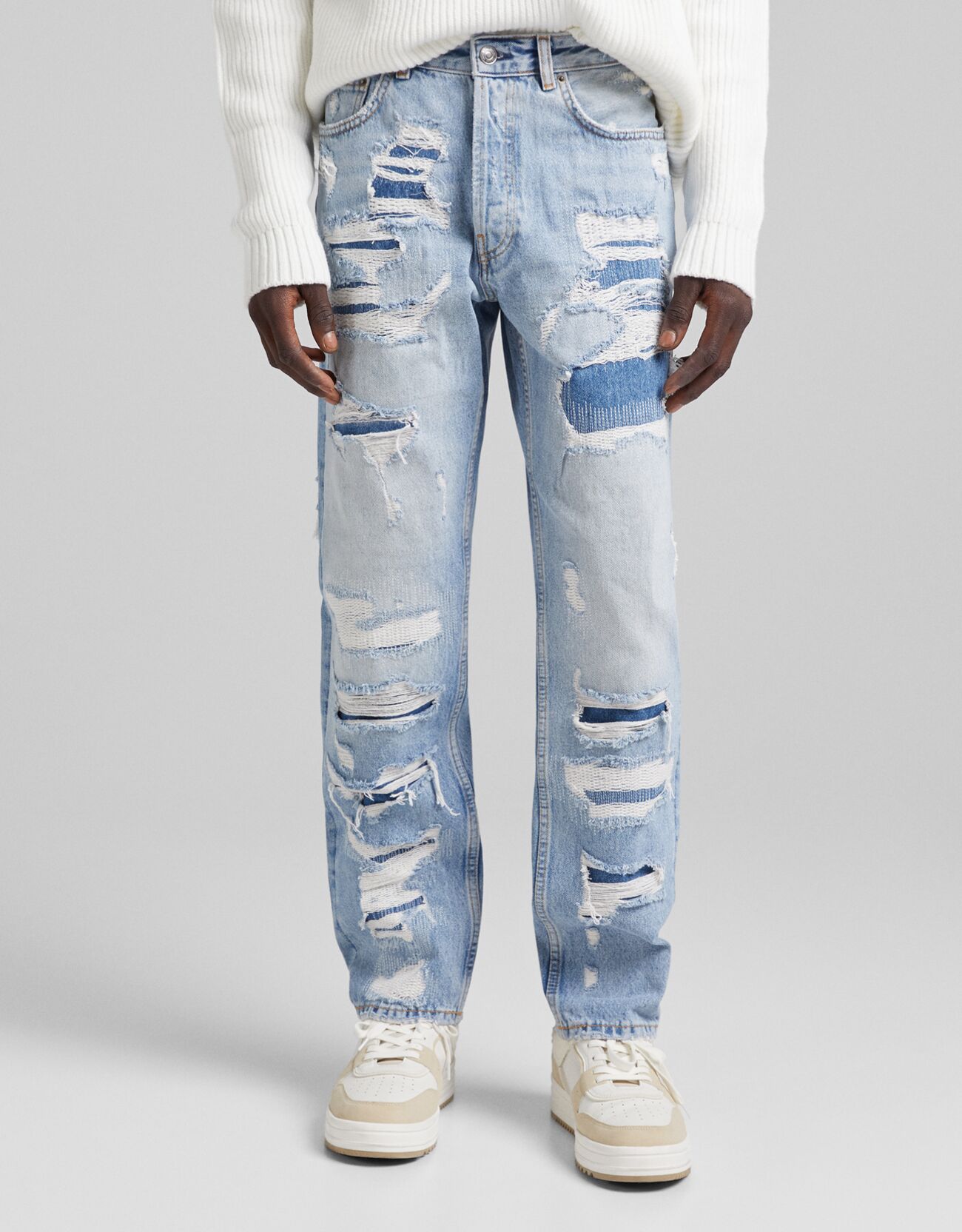 Bershka Jeans Direitas Rasgões E Efeito Desgastado Homem 38 Azul Lavado