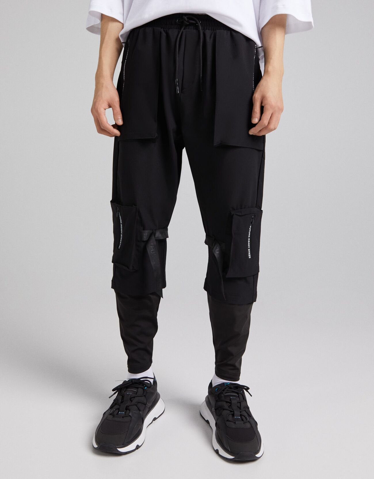 Bershka Pantalon Jogger Future-Ready Activewear Multifonction Avec Leggings Homme L Noir