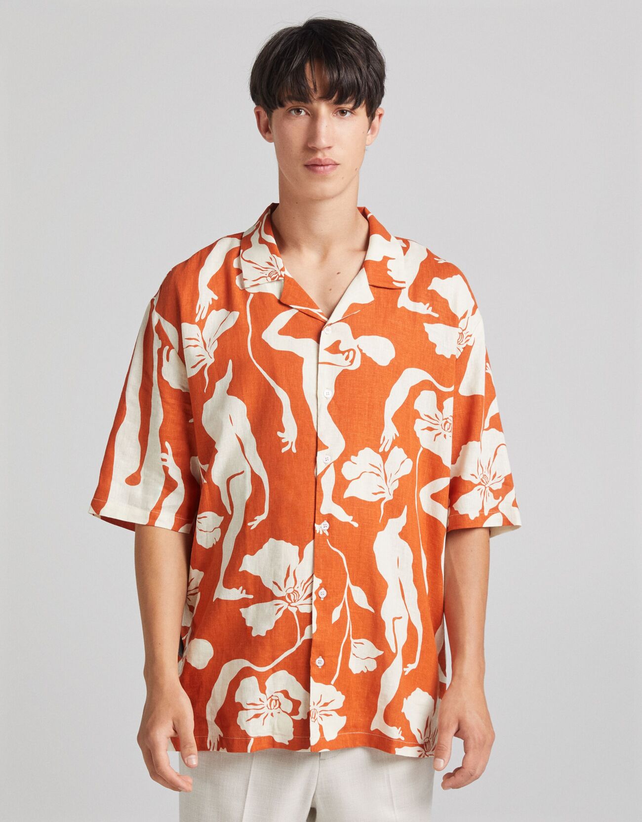 Camicia Maniche Corte Cotone Relax Fit Stampa Uomo Xl Ocra