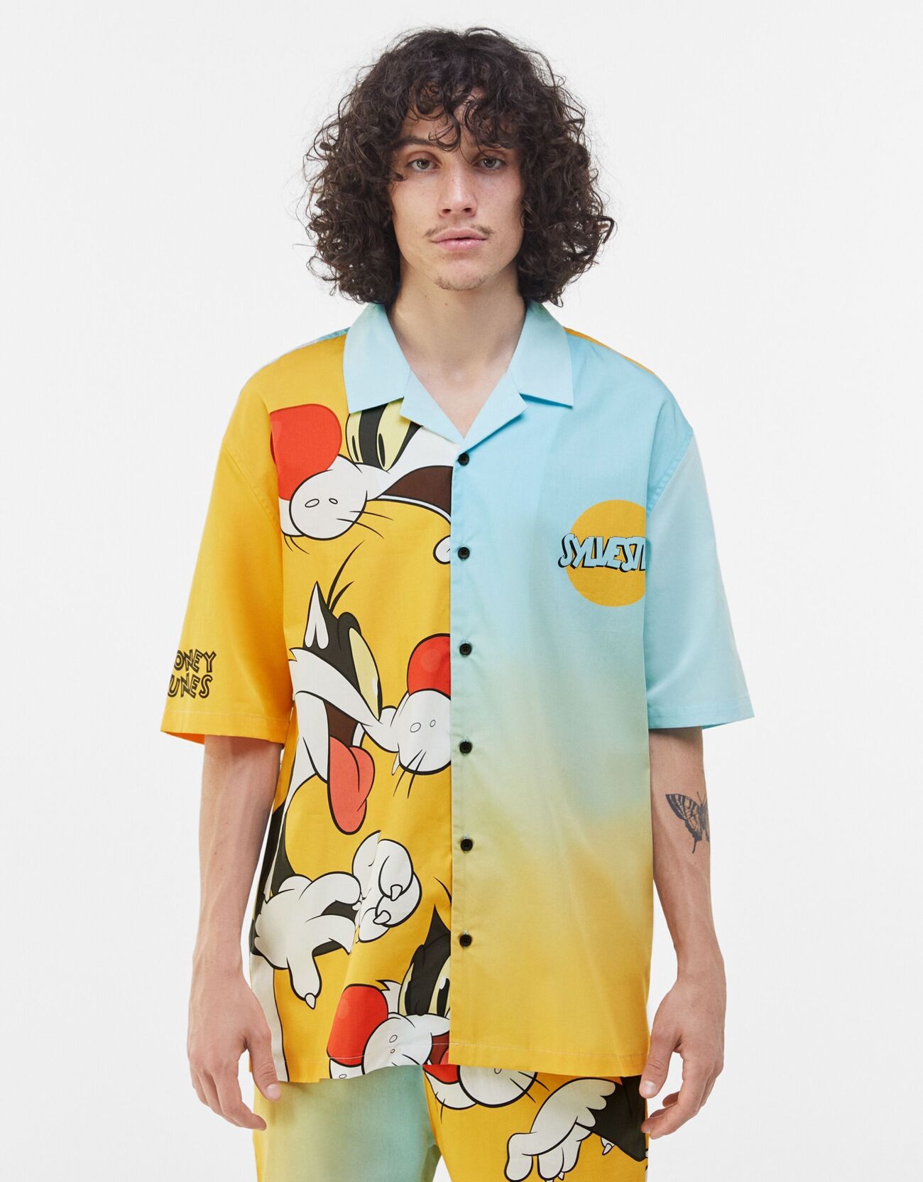 Bershka Chemise Coton Relaxed Fit Sylvestre Le Chat Homme M Jaune