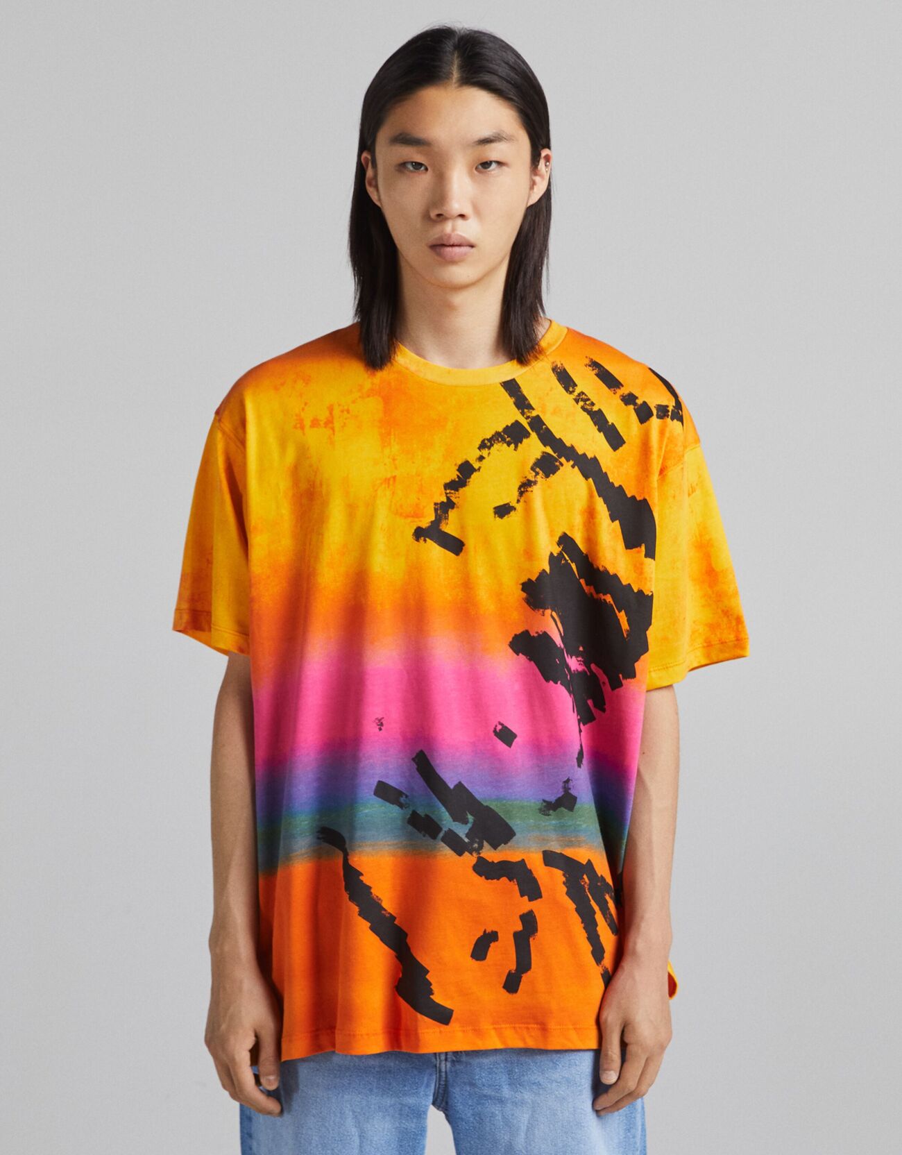 Bershka T-Shirt Manches Courtes Extra Loose Imprimé Homme L Orange