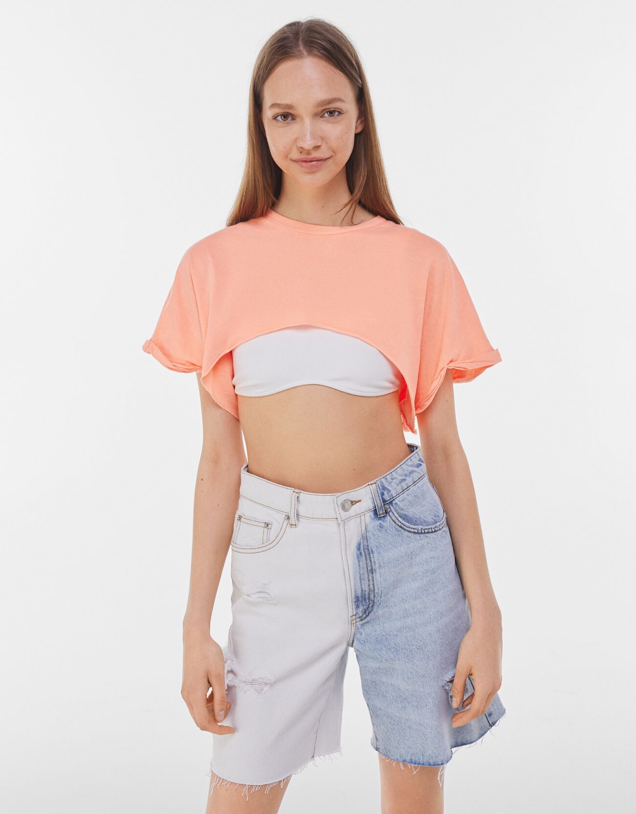 Bershka T-Shirt Cropped À Manches Courtes Femme L Orange