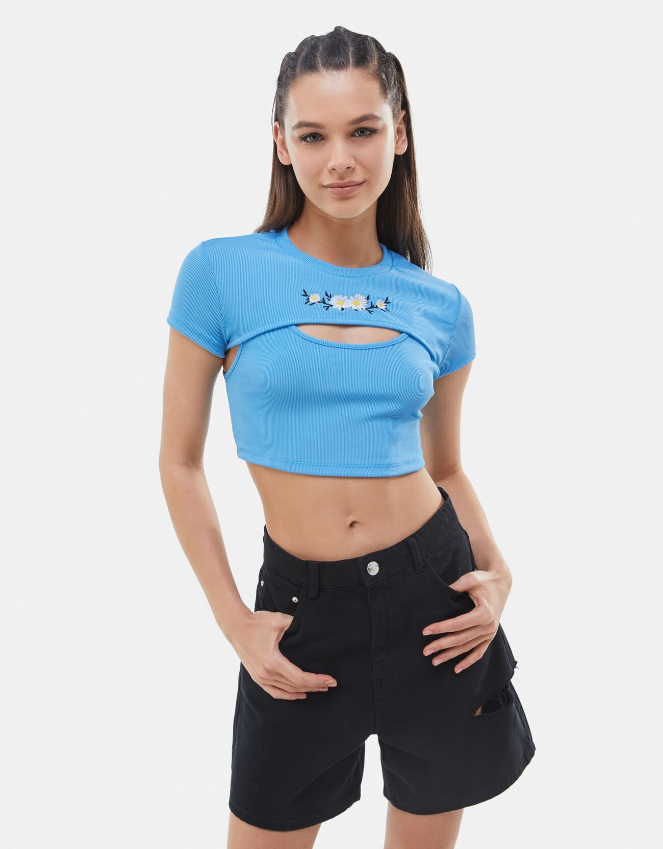 Bershka T-Shirt Double Broderie Femme 10-12 Bleu