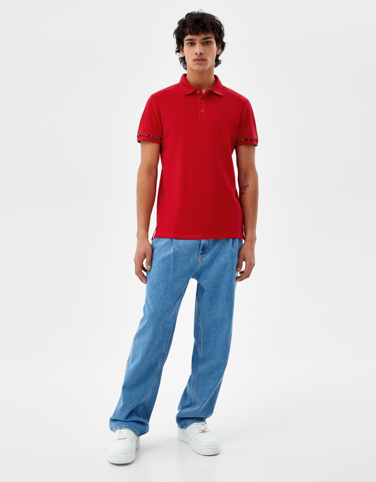 Bershka T-Shirt Polo Manches Courtes Piqué Homme M Rouge