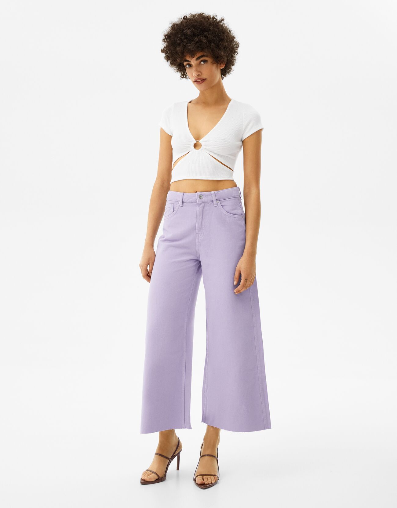 Bershka Pantalon Cropped Maxi Wide Leg Sergé Femme 40 Violet
