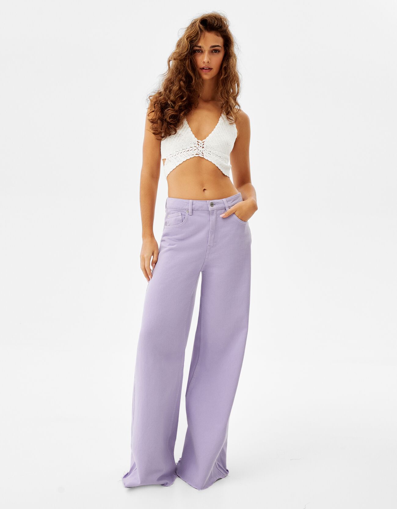 Bershka Pantalon Maxi Wide Leg Femme 32 Violet