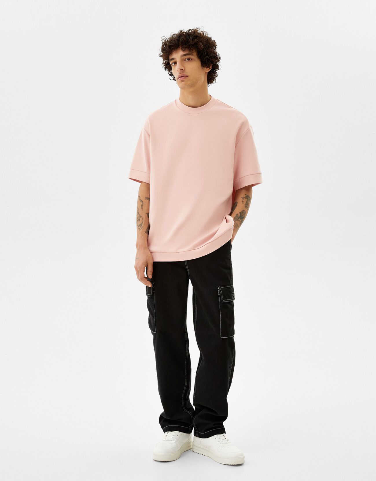 Bershka T-Shirt Boxy Manches Courtes Homme Xs Rose