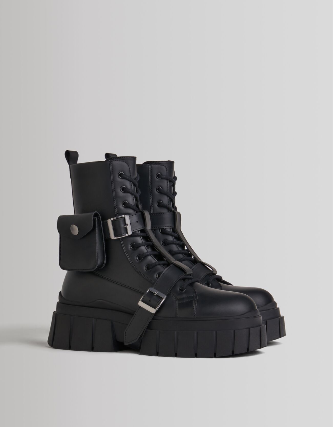 Bershka Lace-Up Boots With Buckles And Pocket Homem 39 Preto