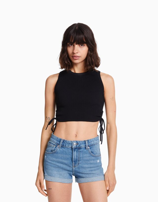 Bershka Shorts Denim Roll Up Donna 44 (Eu 40) Azzurro Lavato