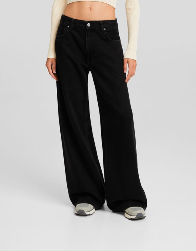 Bershka Jeans Wide Leg Mujer 44 Negro