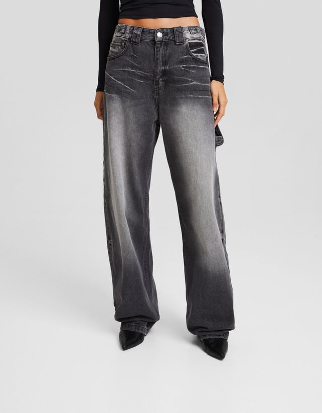 Bershka Jeans Baggy Carpenter Mujer 34 Negro