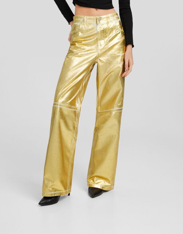 Bershka Pantalón Straigh Algodón Metalizado Mujer Xl Oro