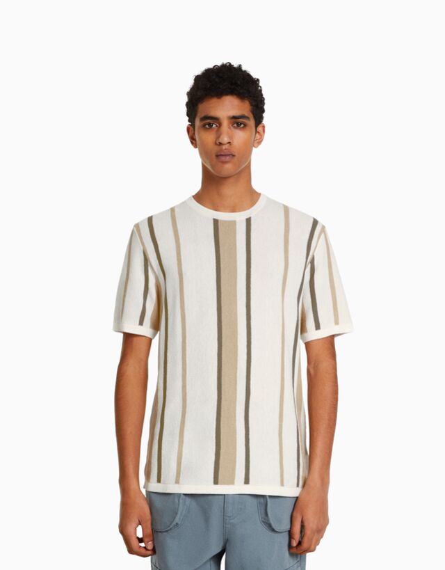 Bershka Camiseta Manga Corta Print Raya Vertical Hombre S Crudo