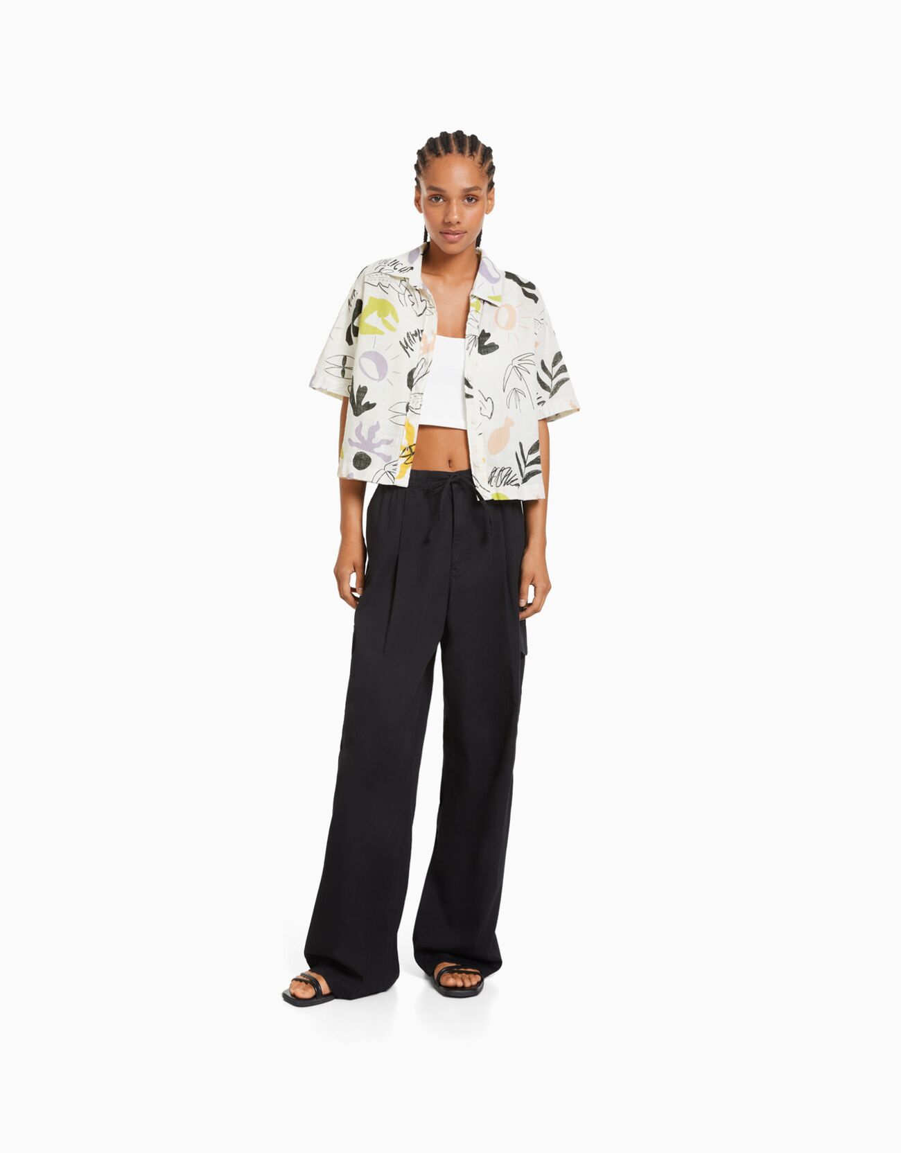 Bershka Camisa Manga Corta Estructura Rústica Mujer S Blanco / Negro