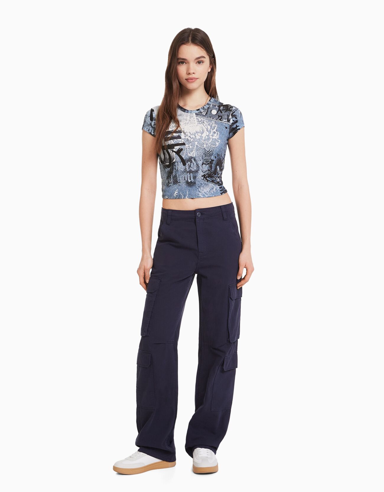Bershka Camiseta Manga Corta Print Mujer S Crudo
