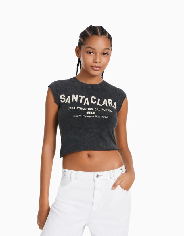Bershka Maglietta Maniche Corte Cropped Stampa Donna Xs Grigio