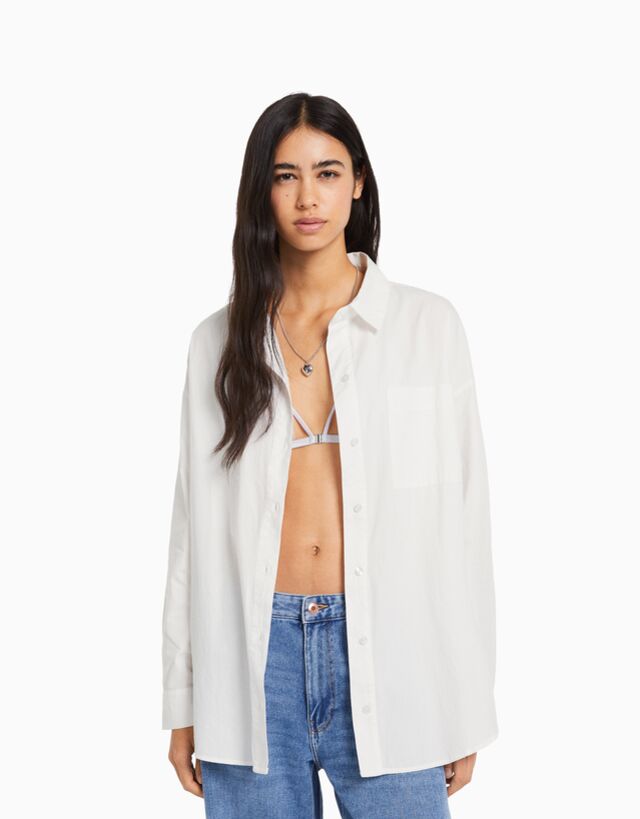 Bershka Koszula Oversize Z Popeliny Z Długim Rękawem Kobieta S Biały
