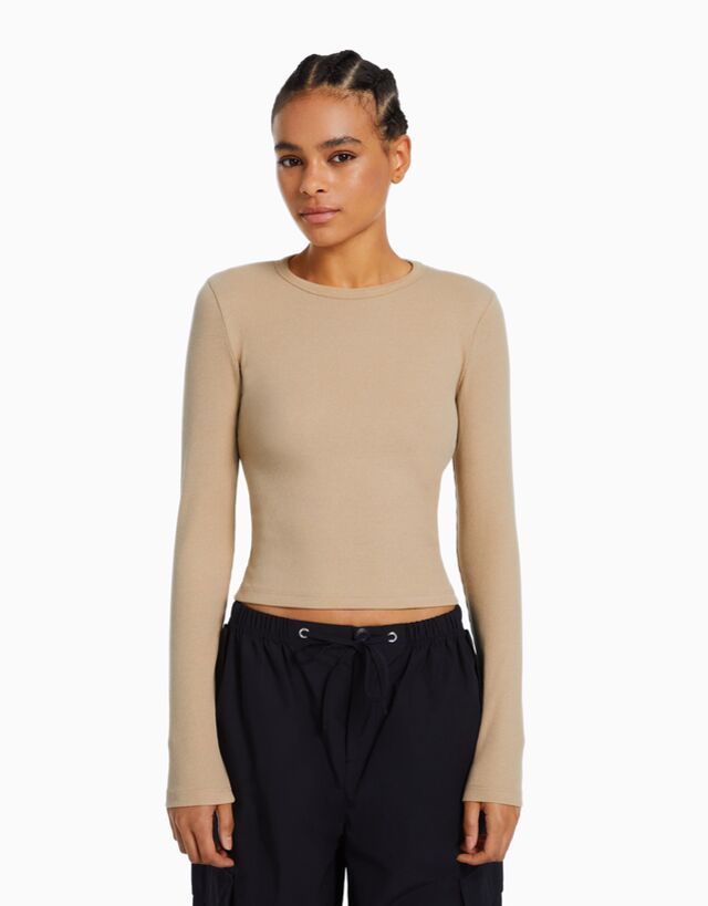 Bershka Langarmshirt Mit Patentmuster Damen 10-12 Camel
