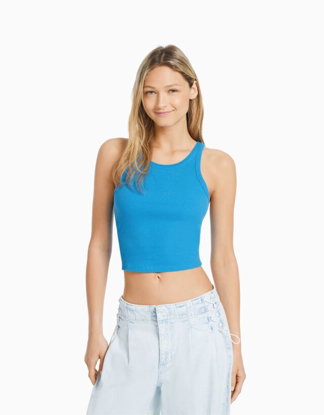 Bershka Prążkowana Koszulka Bez Rękawów Kobieta Xl Niebieski