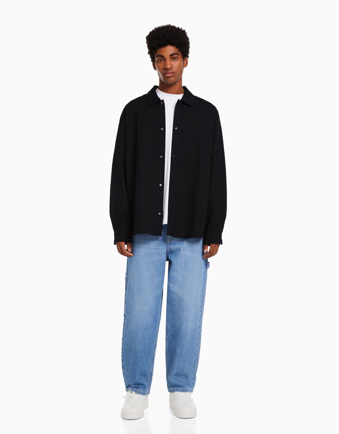 Bershka Sobrecamisa Manga Larga Snaps Waffle Hombre Xl Negro