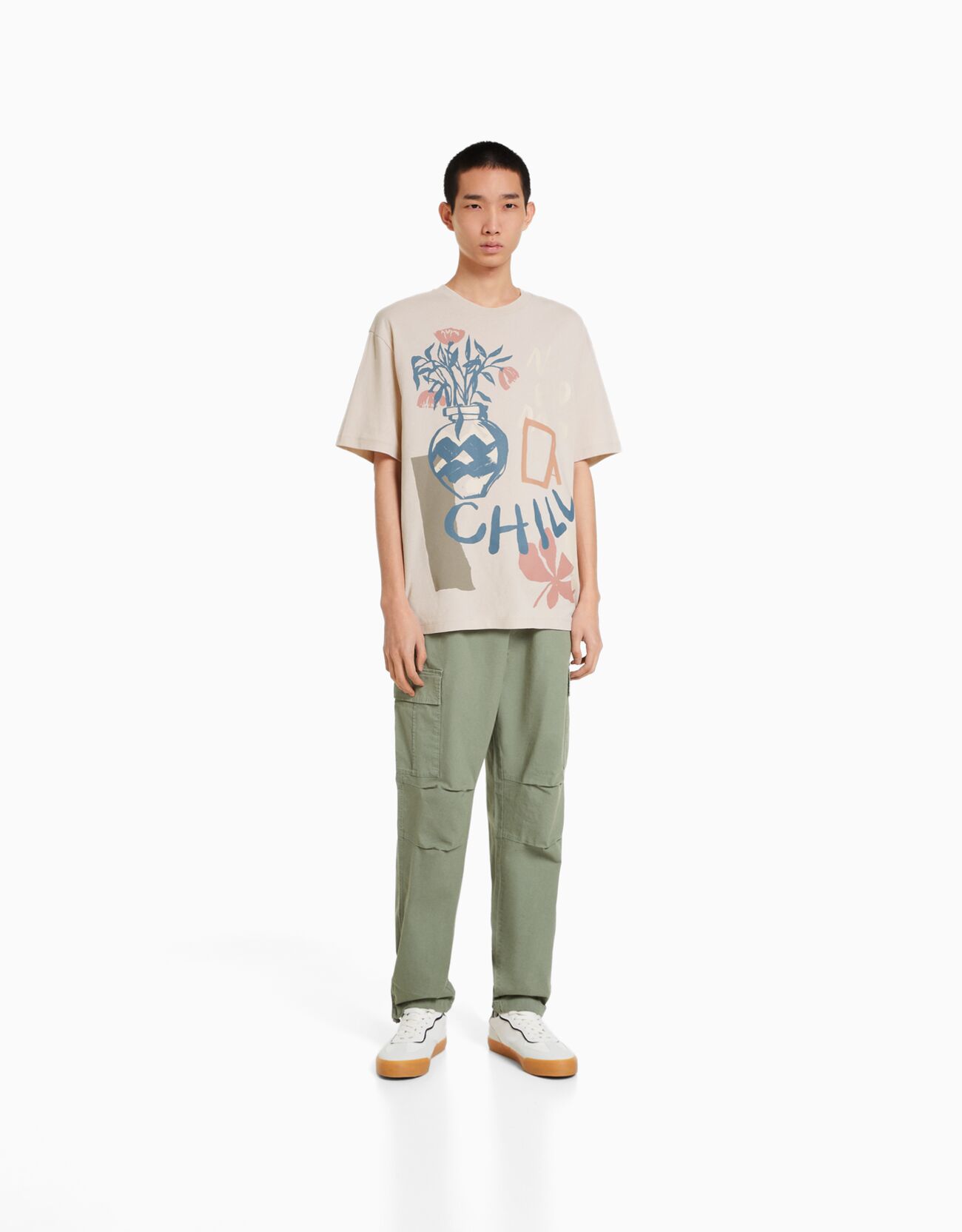 Bershka Maglietta A Maniche Corte Easy Fit Stampa Uomo Xs Camel