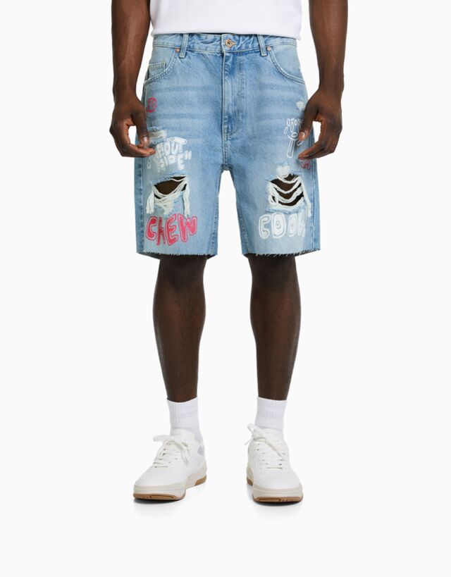 Bershka Bermuda Denim Stampati Strappi Uomo 50 (Eu 44) Azzurro Lavato