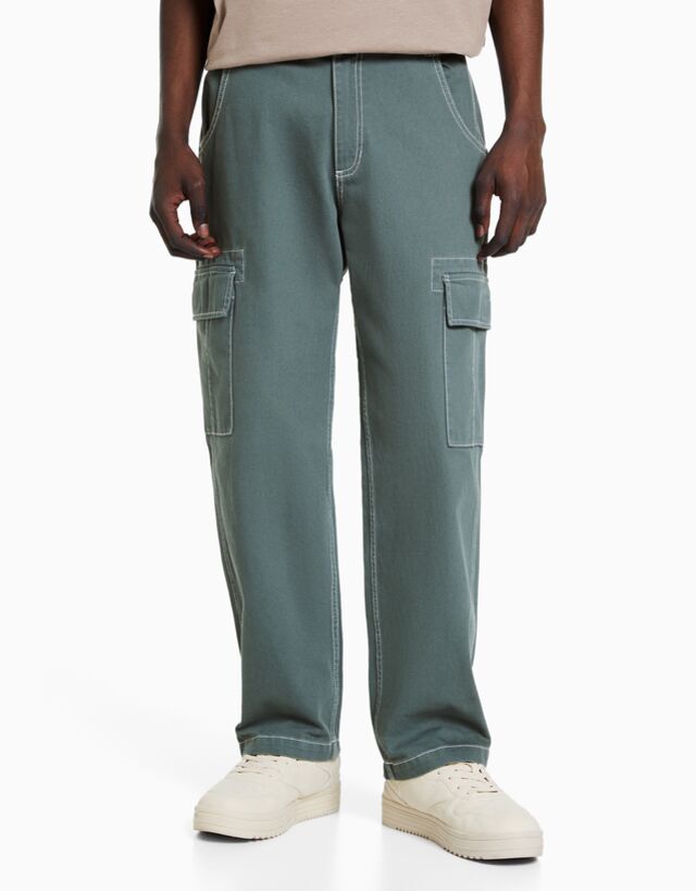 Bershka Wide-Leg-Cargohose Mit Farblich Abgesetztem Garn Herren 40 Blau