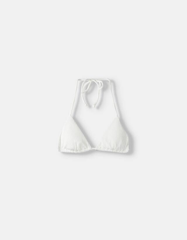 Bershka Top Od Bikini Z Prążkowanej Dzianiny Kobieta Xl Biały