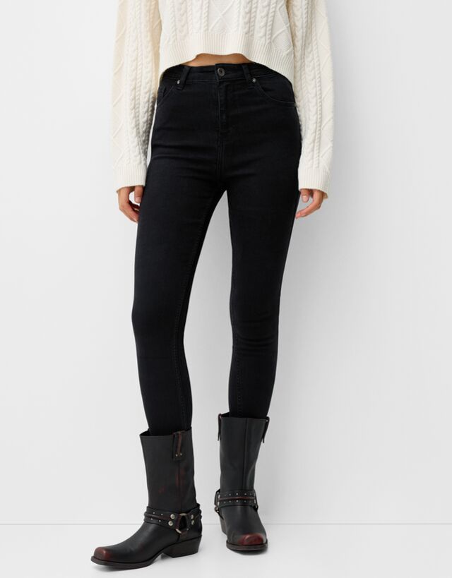 Bershka Jeans Super High Waist Skinny Mujer 36 Negro