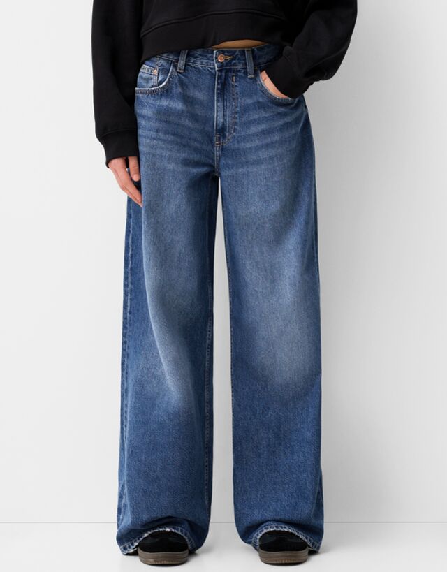 Bershka Jeans Wide Leg Mujer 40 Azul