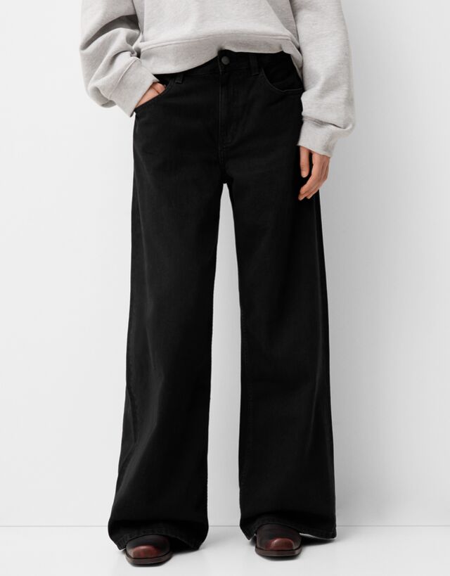 Bershka Jeans Wide Leg Mujer 40 Negro