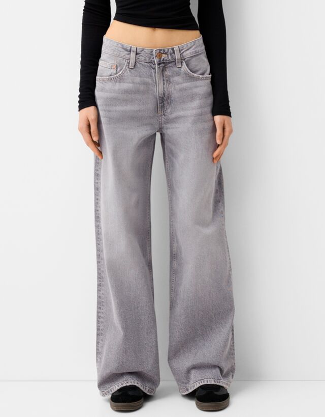 Bershka Jeans Wide Leg Mujer 32 Gris