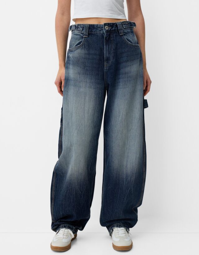 Bershka Jeans Wide Balloon Carpenter Mujer 10-12 Azul Oscuro