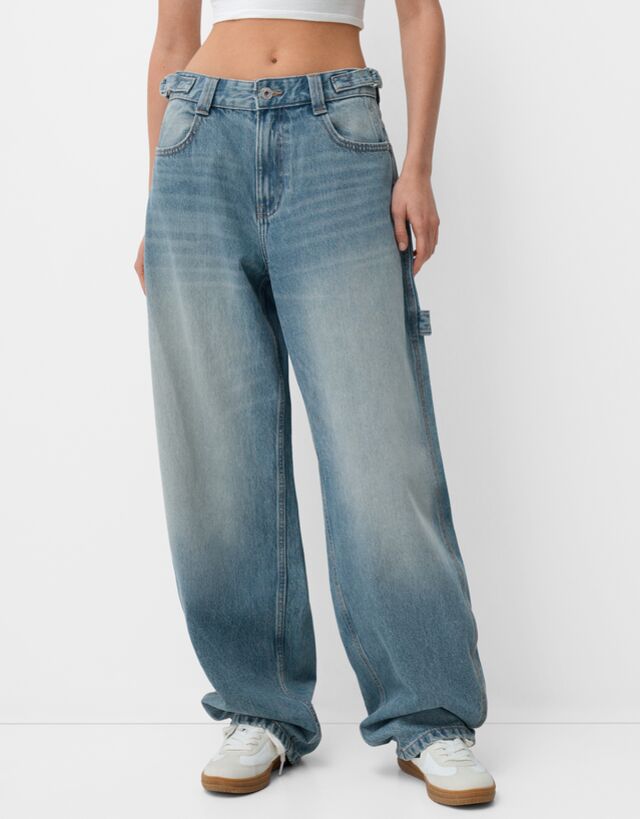 Bershka Jeans Wide Balloon Carpenter Mujer 44 Azul Lavado
