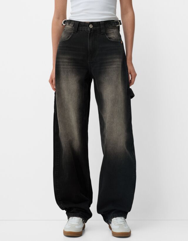 Bershka Jeans Wide Balloon Carpenter Mujer 34 Marrón