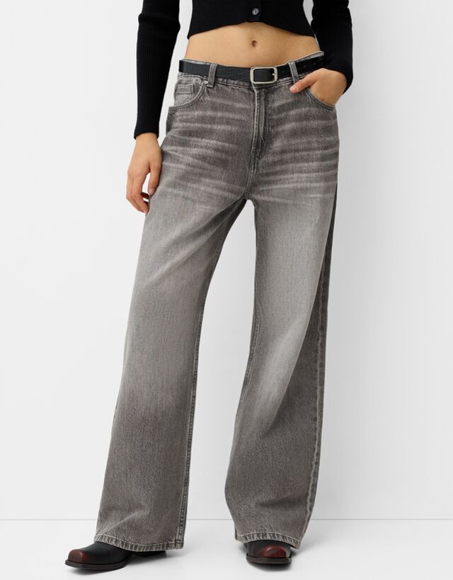 Bershka Jeans Baggy Mujer 32 Gris Oscuro
