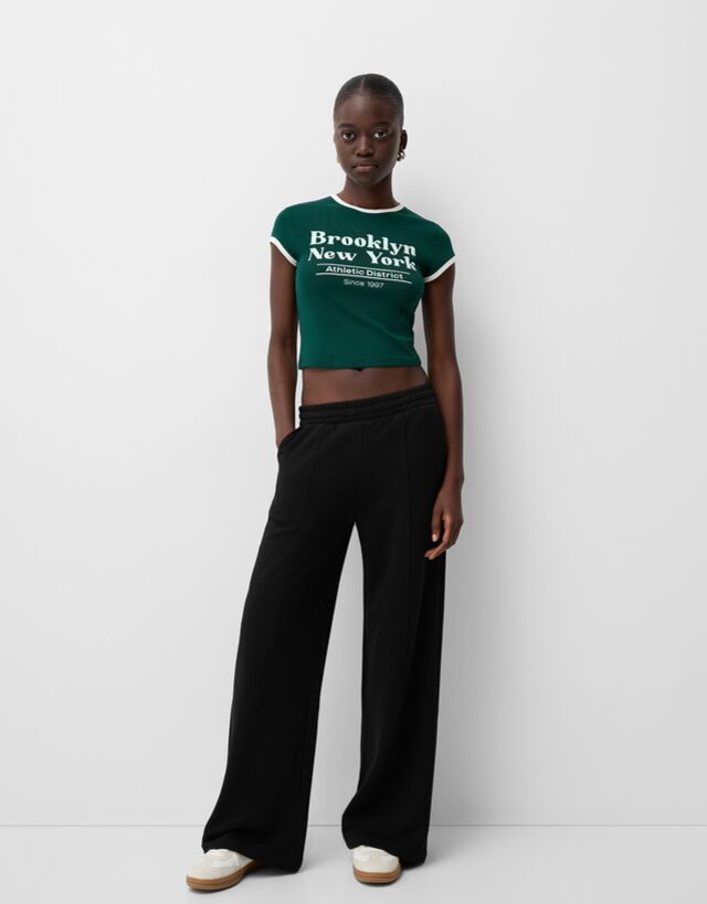 Bershka Pantalón Felpa Wide Leg Mujer Xs Negro