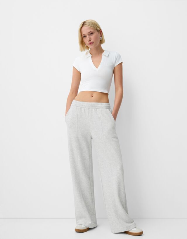 Bershka Pantalón Felpa Wide Leg Mujer L Gris